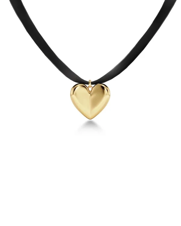 Heart Black Ribbon Necklace Gold