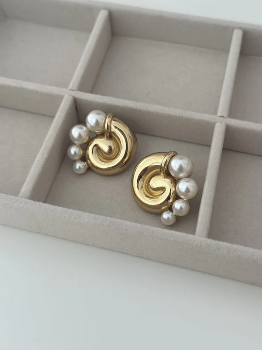 Gold Plated Pearl Snail Earrings - Image 3
