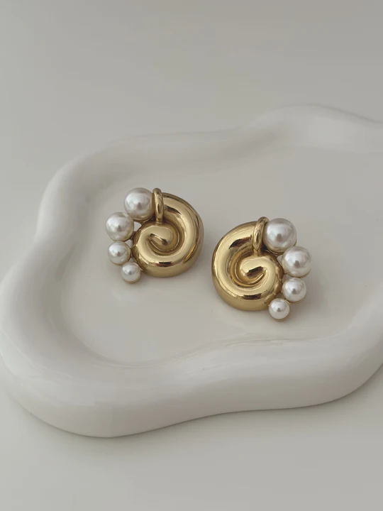 Gold Plated Pearl Snail Earrings