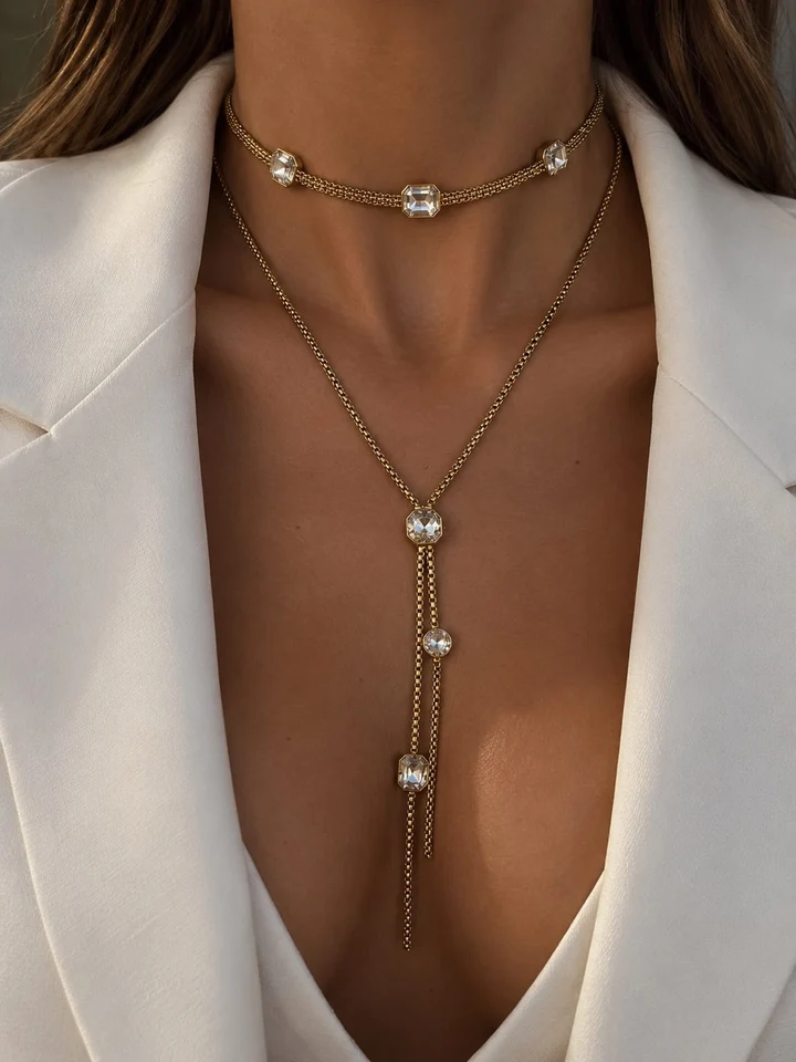 Crystal Tie and Chocker Necklace Gold